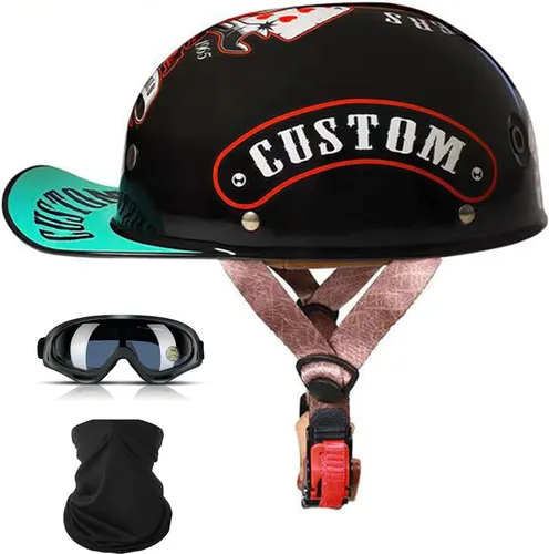 Vista 12 de Cascos para motocicleta de adultos, casco de béisbol de motocicleta, aprobado por DOT para hombres y mujeres con visera, casco de media cáscara