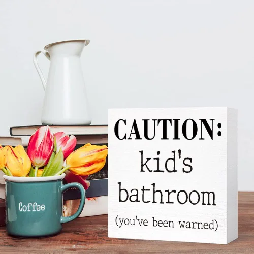 Vista 5 de Letrero de madera para baño de niños, divertido letrero de madera de precaución para el baño de niños, estante de baño, estantes de baño, decoración