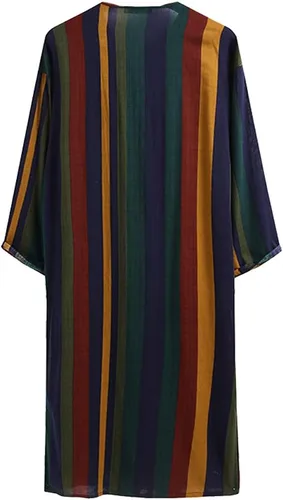 Vista 4 de Hotmiss Bata a rayas para hombre con botones, manga larga, estilo caftán Thobe Splits