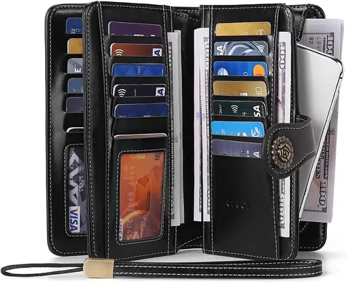 Vista 7 de Cartera de cuero para mujer, de gran capacidad, bolso de mano con bloqueo RFID, tarjetero con ventana de identificación, Negro