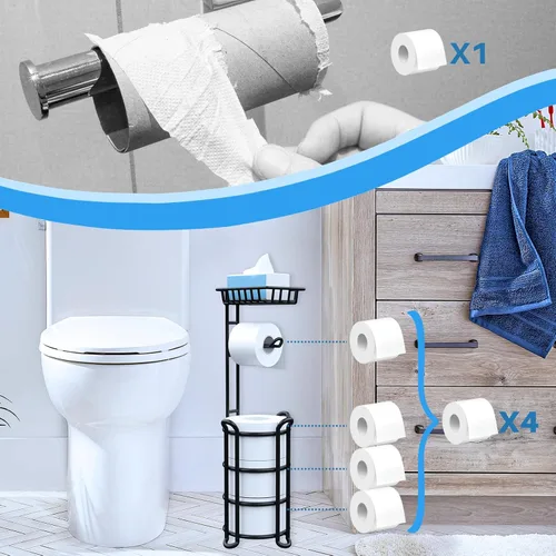 Vista 5 de Soporte de papel higiénico con estante, estante de almacenamiento de rollos de papel higiénico con dispensador para baño, color negro