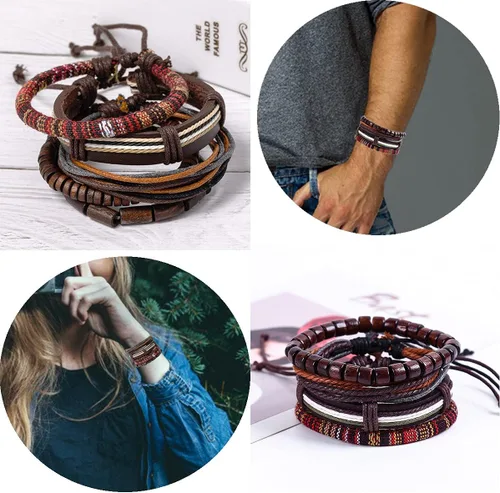 Vista 5 de SONNYX 24 pulseras de cuero trenzado para hombres y mujeres, pulseras tejidas de cáñamo, cuentas de madera, étnicas tribales hechas a mano, pulseras