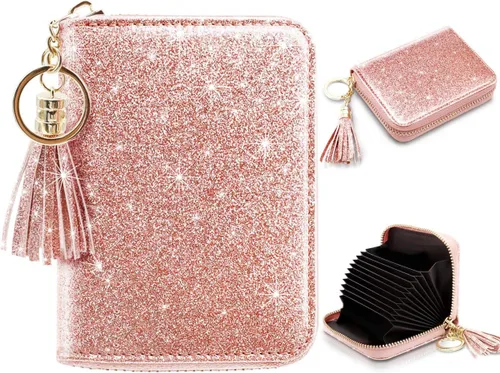 Vista 24 de Coco Rossi Tarjetero de crédito para mujer, cartera pequeña, funda RFID Un brillo azul y verde