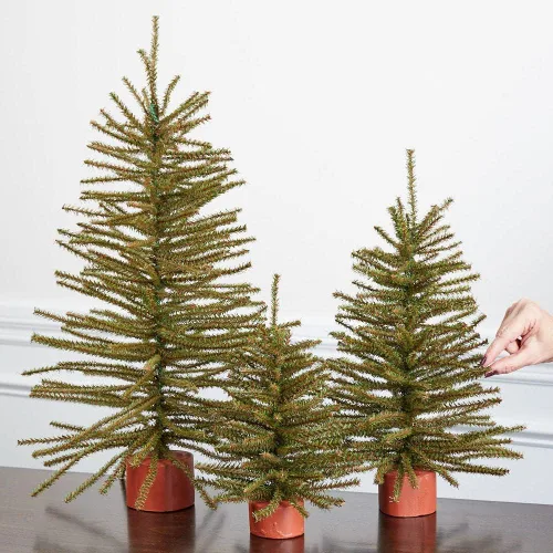Vista 3 de Factory Direct Craft - Juego de 3 pinos artificiales con bases de madera, árboles de pino de Navidad de varios tamaños para decoración navideña