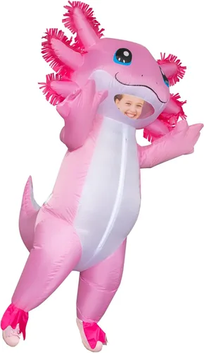 Vista 2 de Stegosaurus Disfraz inflable de ajolote para niños, disfraz de Halloween para niños, disfraz rosa de lujo para niñas y niños, fiesta de cosplay