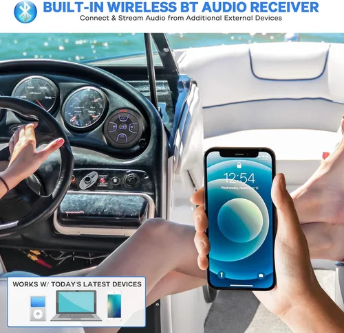 Vista 6 de Pyle Pyle PLMRBTRD1 - Controlador de audio Bluetooth inalámbrico Bluetooth con botón multimedia, receptor marino, control remoto con USB, AUX