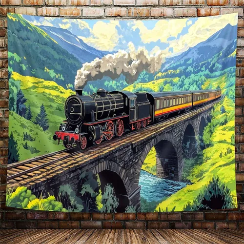 Vista 22 de Tapiz de Tren de Vapor, Tapices de Paisaje Otoñal de Tren de Motor Antiguo Decoración para Niños, Tapices de Arte de Acuarela de Bosque de Montaña