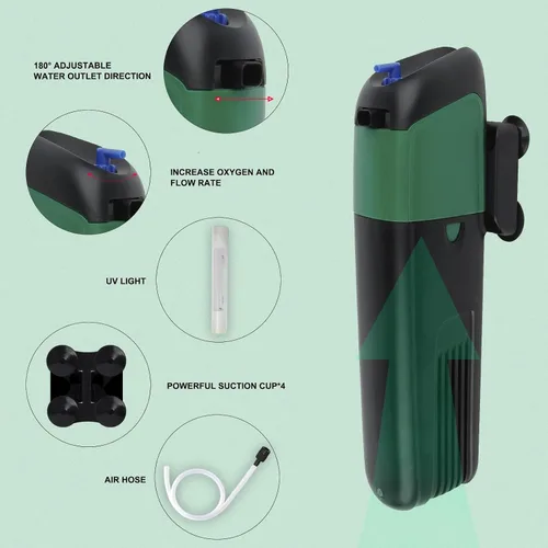 Vista 2 de FREESEA Bomba de filtro de energía para acuario: filtro interno de 5 vatios aumenta oxígeno 4 en 1 bomba 132 GPH para hasta 150 galones