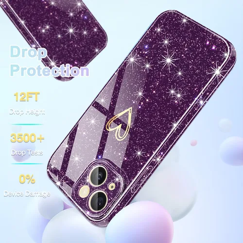 Vista 2 de Funda para iPhone 15, purpurina transparente con [1 protector de pantalla de vidrio templado] Funda protectora delgada y suave de silicona