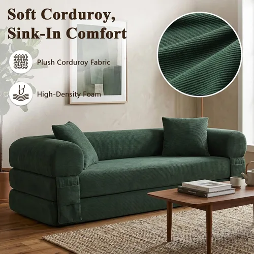 Vista 5 de Anwick Sofá cama convertible sin hueso de 80 pulgadas, sofá cama 3 en 1, tamaño Queen para sala de estar, estudio, apartamento, pana, espuma Verde