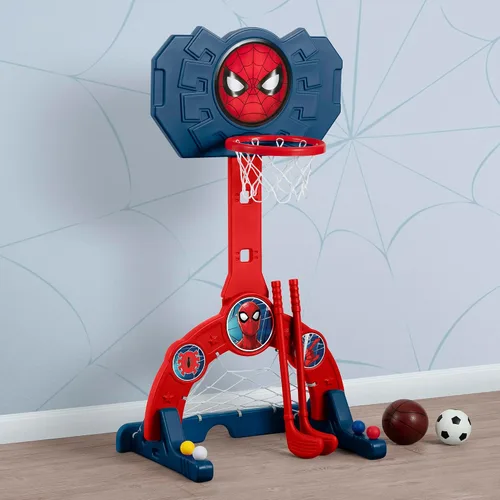 Vista 8 de Delta Children Marvel Spider Man Centro Deportivo 4 en 1 – Aro de Baloncesto Ajustable Easy Score, Red de Fútbol/Hockey y Juego de Golf, Rojo/Azul