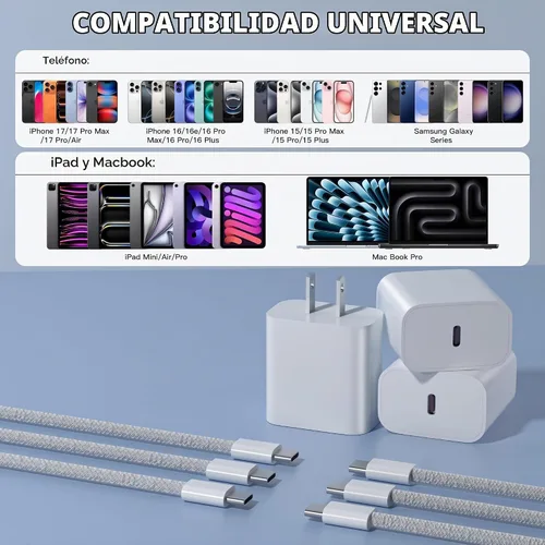 Vista 6 de Cargador rápido para iPhone de 10 pies, [certificado Apple MFi], paquete de 3 bloques de cargador USB C con cable tipo C a Lightning de 10 pies