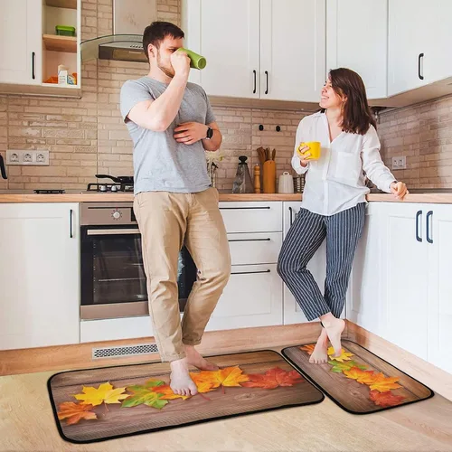 Vista 2 de Kitchen Rugs 2 Piece Waterproof Non Slip Kitchen Mat Maple Leaves on Wood Kitchen Rug Set for Sink Office Kitchen Cafe, 19.7"x47.2"+19.7"x27.6