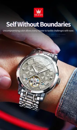 Vista 26 de OLEVS Relojes automáticos para hombre, oro de lujo, vestido de diamantes de cuerda automática, esqueleto mecánico, Tourbillon, reloj de pulsera