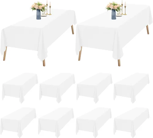 Vista 29 de Paquete de 12 manteles rectangulares beige para mesas de 6 pies de 60 x 102 pulgadas, manteles impermeables beige a granel para bodas, poliéster