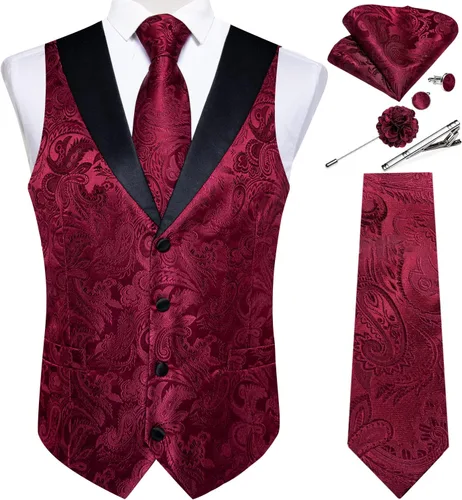 Vista 24 de DiBanGu Chaleco de traje de cachemira para hombre, chaleco jacquard de seda y corbata, chaleco formal de cuello de chal, 7 piezas para fiesta