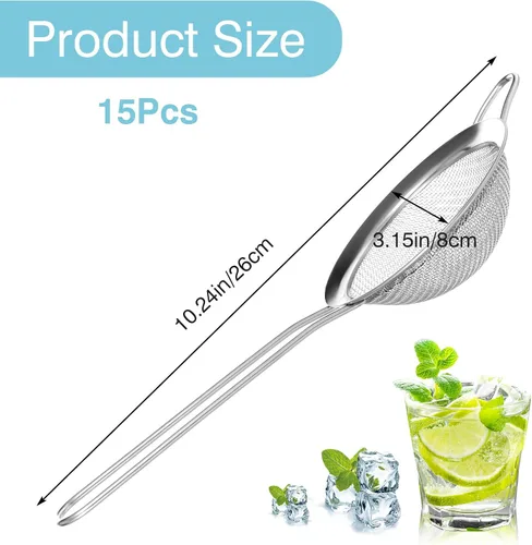 Vista 3 de 15 coladores pequeños de acero inoxidable, pequeño colador de té de malla fina, mini tamiz de acero inoxidable con asa, coladores de metal de cocina
