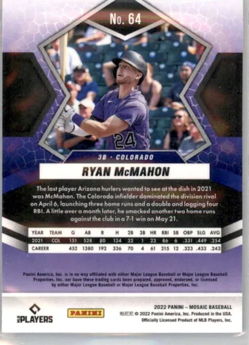 Vista 2 de 2022 Panini Mosaic #64 Ryan McMahon Colorado Rockies Baseball Trading Card