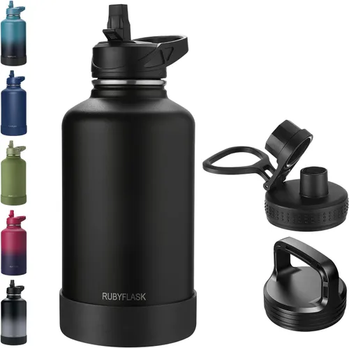 Vista 31 de RUBYFLASK - Botella de agua aislada con pajilla, jarra de agua al vacío de acero inoxidable, 24 onzas, botella con 3 tapas a prueba de fugas