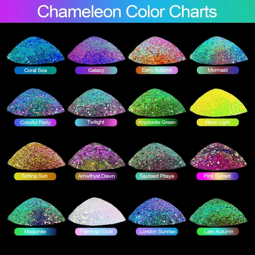 Vista 3 de Renfio Chameleon Purpurina Gruesa con Brillo, Juego de Purpurina de Resina de 16 Colores que Cambian de Color, Cada uno 10g/0.35oz, Copos