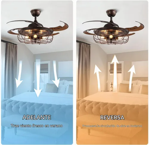 Vista 3 de Ventilador de techo retráctil de 48 pulgadas con luces, lámpara industrial oxidada inversa con control remoto para sala de estar, comedor