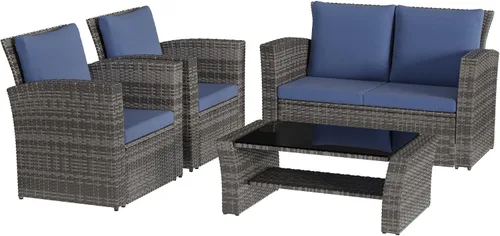 Vista 11 de Solaste Juego de muebles de patio al aire libre de 4 piezas, sofá seccional para exteriores con mesa de centro de vidrio templado y cojines, juego