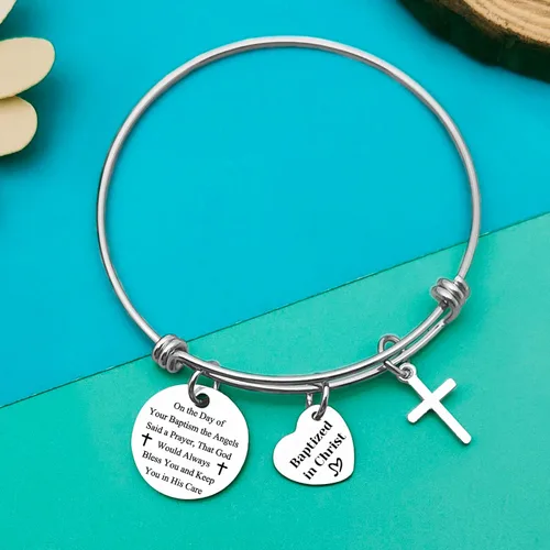 Vista 4 de Pulsera de bautismo, regalos de bautismo para mujeres, regalo cristiano, inspirador, ajustable, regalo religioso para amigos, familia, joyería