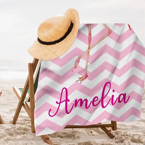 Vista 6 de Toallas de playa personalizadas de flamenco para niños y adultos, toalla de playa con nombre personalizado para niños y niñas, toalla de baño
