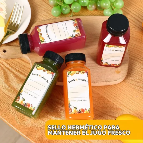Vista 6 de Moretoes 12 botellas de plástico para jugo de 8 onzas con tapas, botellas de agua reutilizables vacías transparentes, recipientes desechables