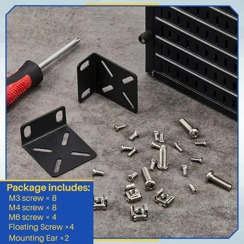 Vista 3 de Pelopy Kit de montaje en rack, orejas ajustables para interruptores de 17.3 Soportes de metal negro, 0.551-1.142 in de espaciado ajustable, 2