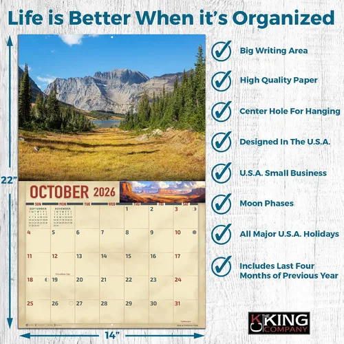 Vista 4 de The KING Company-Monster Calendars - Calendario de pared de parques nacionales 2026, 16 meses, tamaño XL, 14 x 22 pulgadas, calendario escénico