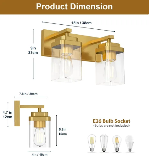 Vista 2 de Lámparas de baño de oro cepillado, 6 luces de baño sobre el espejo, diseño cuadrado y placa trasera grande rectangular, accesorios de iluminación