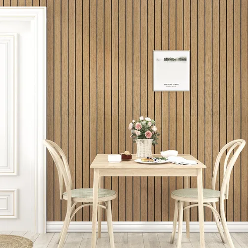 Vista 5 de Paneles de madera marrón para pared, a prueba de sonido, papel tapiz de listones de madera, apto para inquilinos, paneles de pared 3D