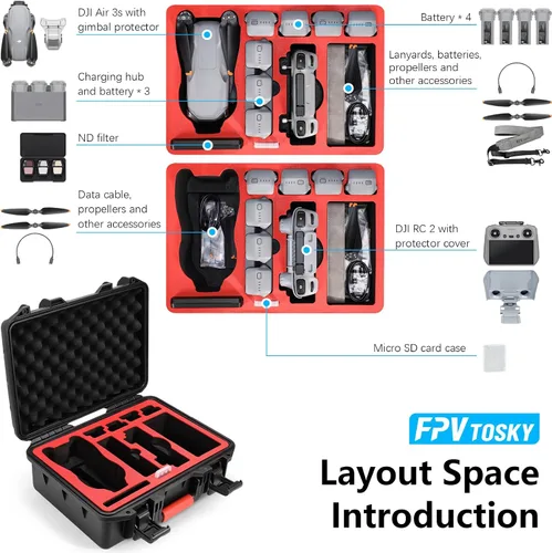 Vista 4 de FPVtosky Estuche rígido para DJI Air 3S/Air 3 Drone/Fly More Combo, impermeable Air 3S Hard Shell Estuche de transporte Accesorios+Cordón