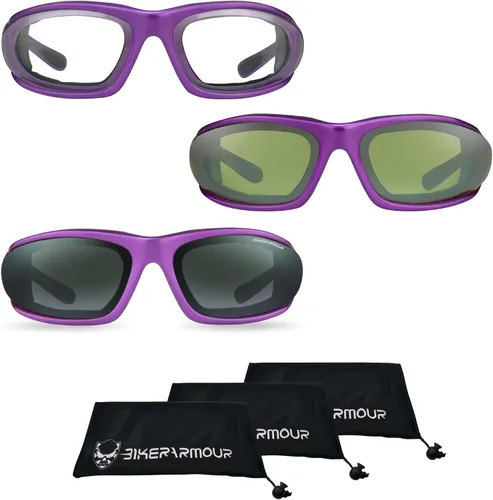 Vista 9 de Bikershades Gafas de montar en motocicleta con montura morada, pequeñas para mujeres y niñas 2 pares transparentes