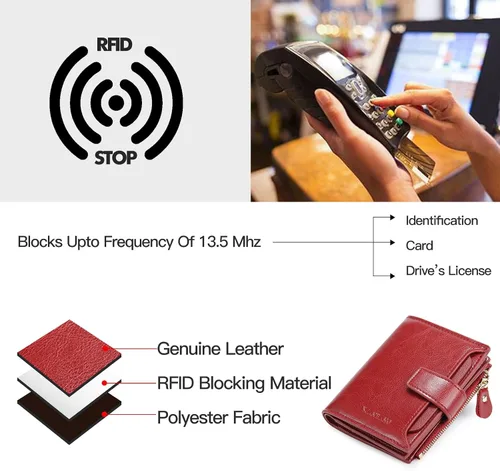 Vista 4 de Billeteras de cuero para mujer, con bloqueo RFID, pequeña, plegable, con cremallera, bolsillo para tarjetas, con ventana de identificación.., Rojo
