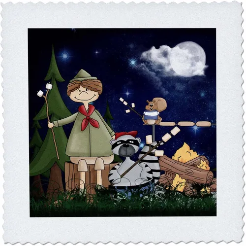 Vista 2 de Doreen Erhardt Kids Collection – Boy Scout Camper en el bosque con una ardilla y Marshmallows – Colcha Squares