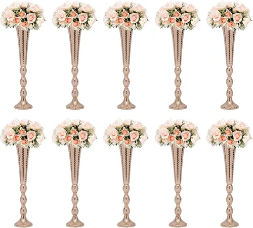 Vista 43 de Juego de 10 portavelas de metal dorado de 10.2 pulgadas de alto, florero, arreglo floral, candelabro, candelabro, portavelas para bodas, fiestas