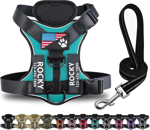 Vista 9 de Juego de correa de arnés para perro personalizado sin tirones con número de teléfono con nombre personalizado Reflective Breathable Heavy Duty