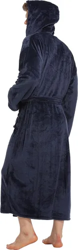 Vista 3 de iFigure Bata de baño de forro polar con capucha para hombre, bata larga de felpa para hombre, cálida y suave bata de spa
