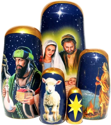 Vista 5 de Muñecas de madera coleccionables de larga duración hechas a mano, de madera, de 5 piezas, con escenas originales de Navidad en cada muñeca