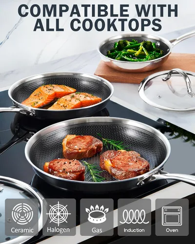 Vista 5 de Cooks Standard Sartén antiadherente híbrida de 8 pulgadas con revestimiento de varias capas, sartén de acero inoxidable con tapas de vidrio