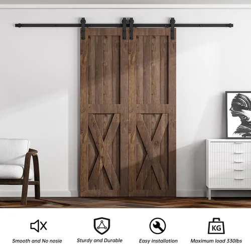Vista 2 de Kit de herrajes para puerta corrediza de granero de 4 pies para puerta doble, riel de puerta corredera, fácil de instalar, suave y silencioso, se
