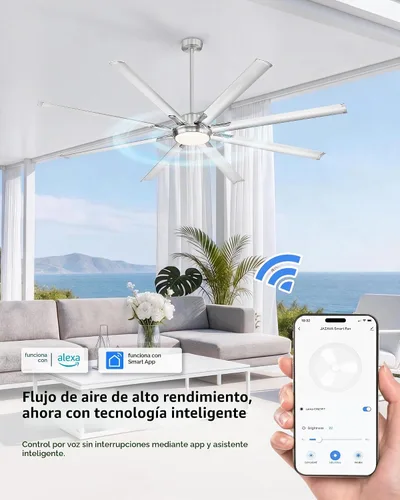 Vista 3 de Ventilador de techo de 84 pulgadas con luz, cuchillas de aluminio Níquel cepillado