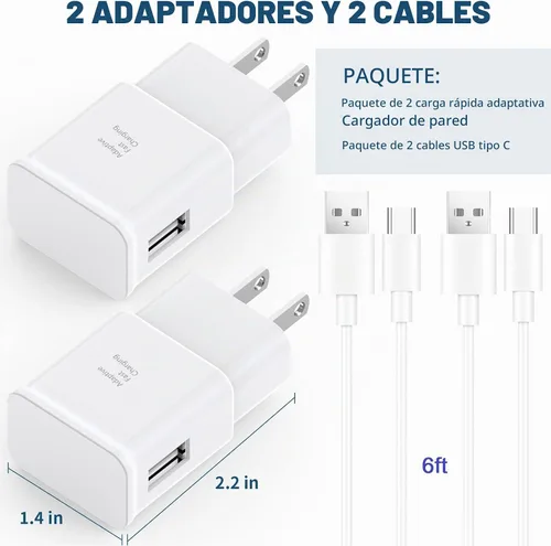 Vista 7 de Cargador tipo C Samsung de carga rápida, paquete de 2 bloques de carga rápida de pared con cable USB a tipo C de 6 pies para Samsung Galaxy S10 9 8