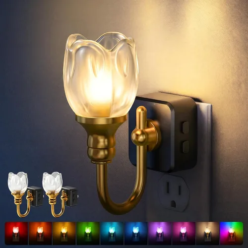 Vista 22 de DORESshop Luz nocturna LED, luces nocturnas giratorias que se enchufan a la pared con sensor de luz automática de 3000 K luz nocturna con brillo