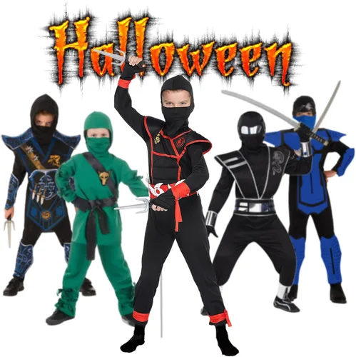 Vista 3 de Disfraz de ninja para niños, disfraz de ninja con máscara negra y accesorios de espuma ninja para Halloween