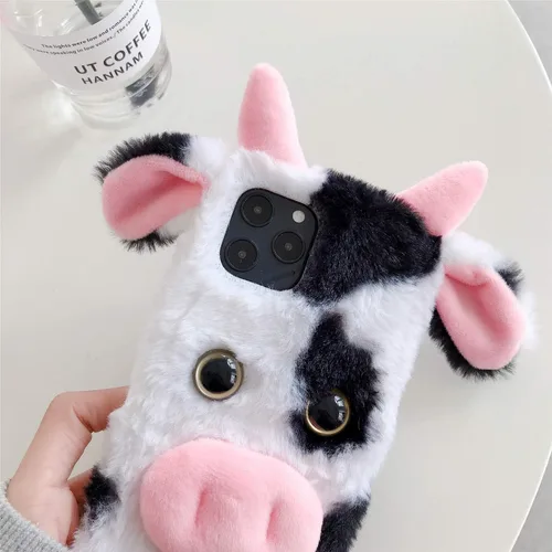 Vista 4 de LUVI Funda 3D linda para iPhone 13, funda de felpa peluda para mujer, diseño de dibujos animados de vaca de piel sintética de pelo femenino de Negro