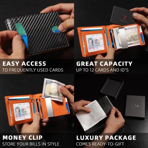 Vista 36 de Zitahli - Carteras delgadas con clip para dinero para hombre, tarjetero minimalista, de cuero, plegable, con bloqueo RFID, cartera de bolsillo