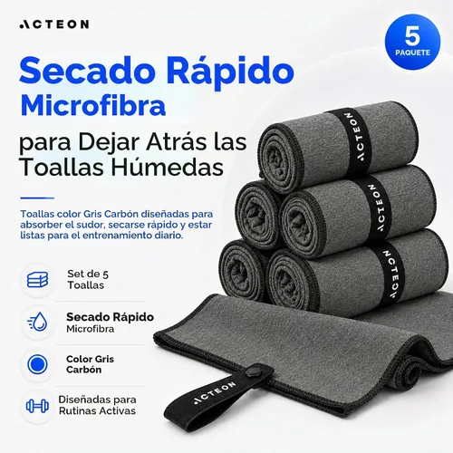 Vista 2 de Acteon Toalla de gimnasio de microfibra de secado rápido, paquete de 5 unidades, fibra absorbente sin olor, secado rápido, equipo de entrenamiento
